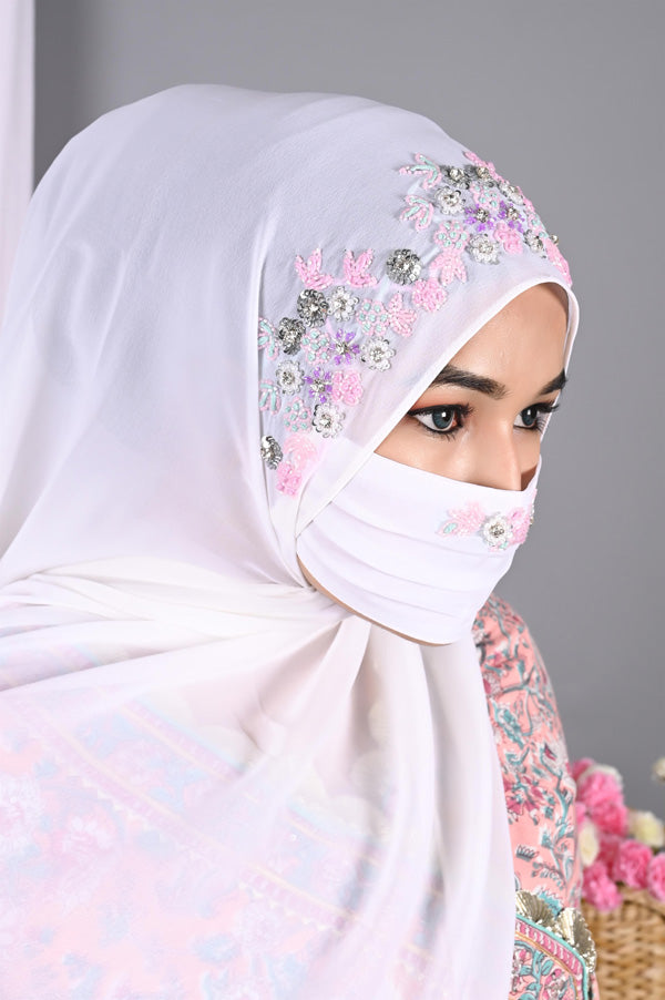 PareeZa- Off White handwork hijab with mask