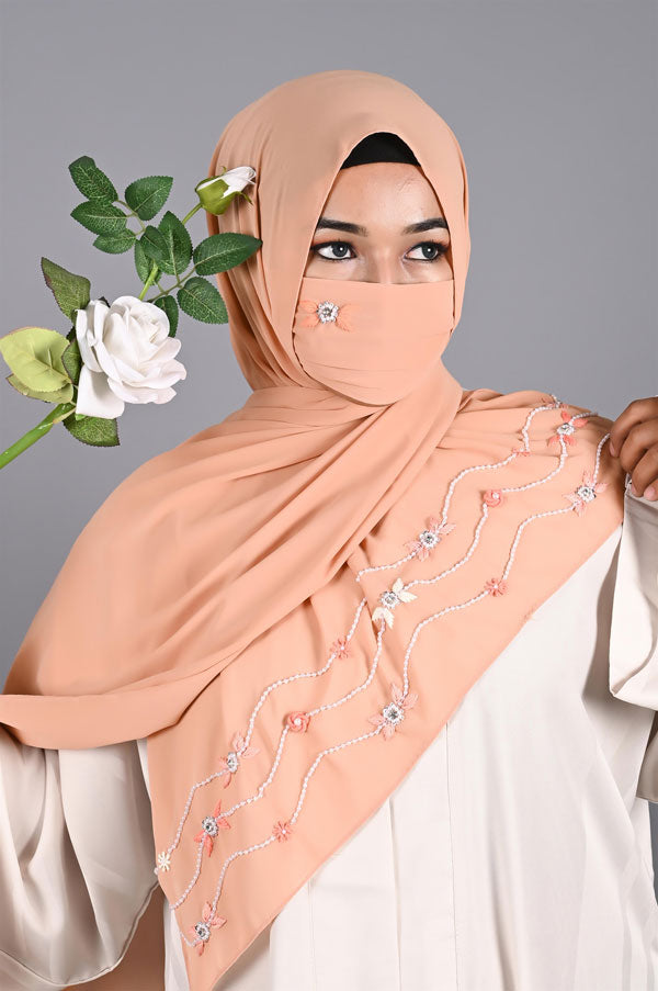 Elena- Apricot Handwork Hijabs With Matching Mask