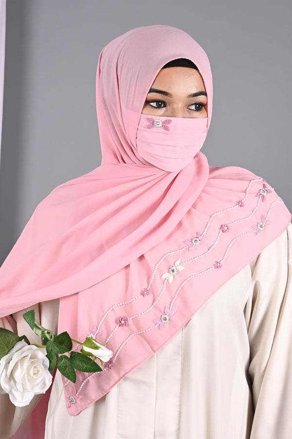 Elena- Baby Pink Handwork Hijabs With Matching Mask