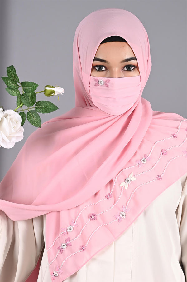Elena- Baby Pink Handwork Hijabs With Matching Mask