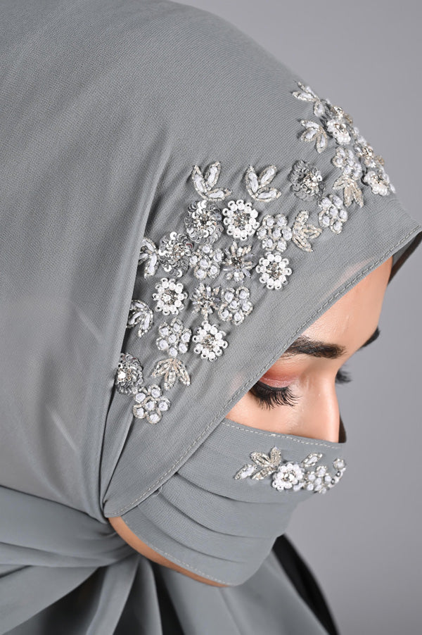 PareeZa- Grey Handwork Hijabs With Matching Mask