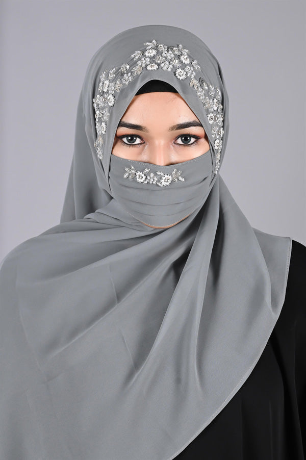 PareeZa- Grey Handwork Hijabs With Matching Mask