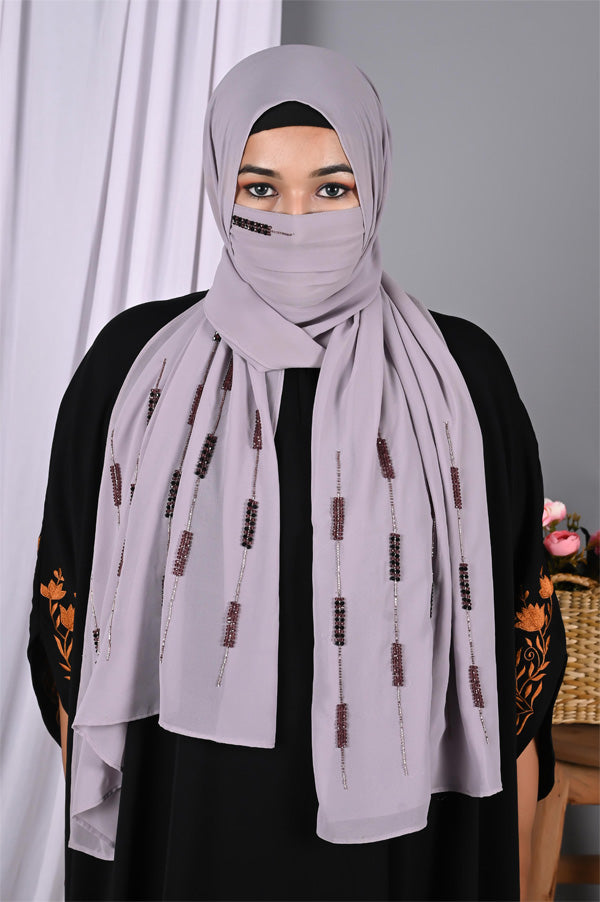 ANIQ - Purple Handwork Hijabs With Matching Mask