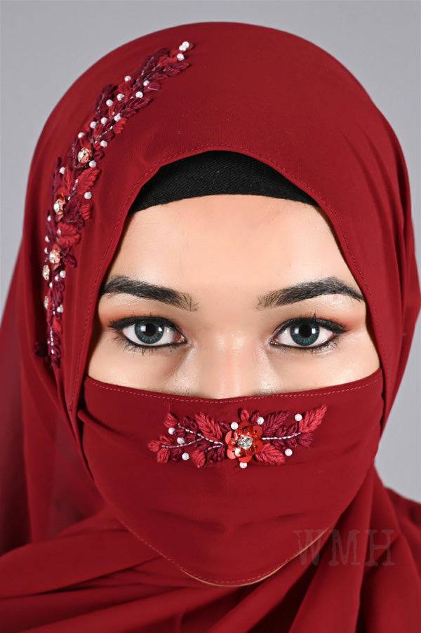 QALBI - Maroon handwork hijab with mask