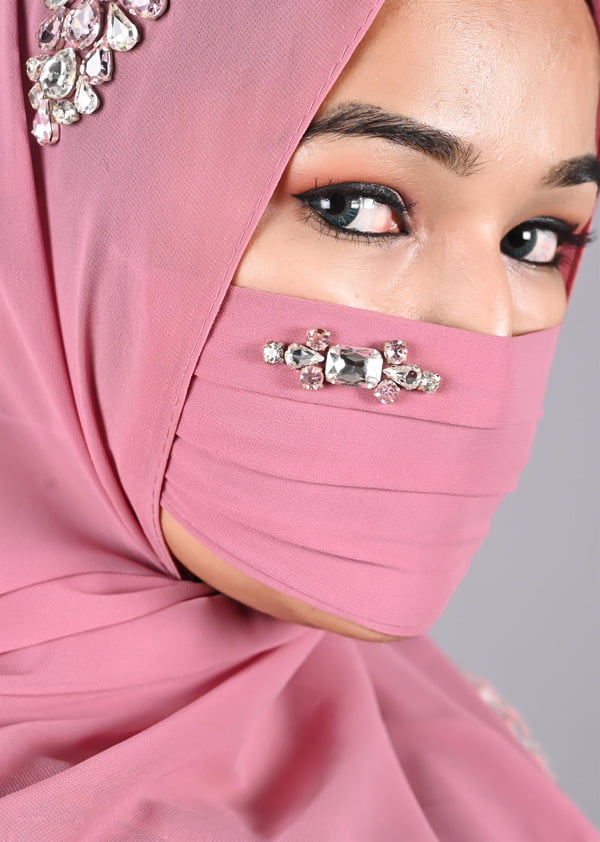 Rhinestone - Pink Hijabs With Matching Mask