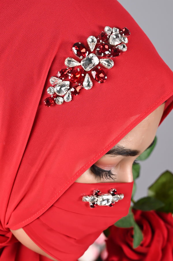 Rhinestone - Red Hijabs With Matching Mask