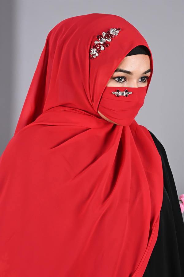 Rhinestone - Red Hijabs With Matching Mask