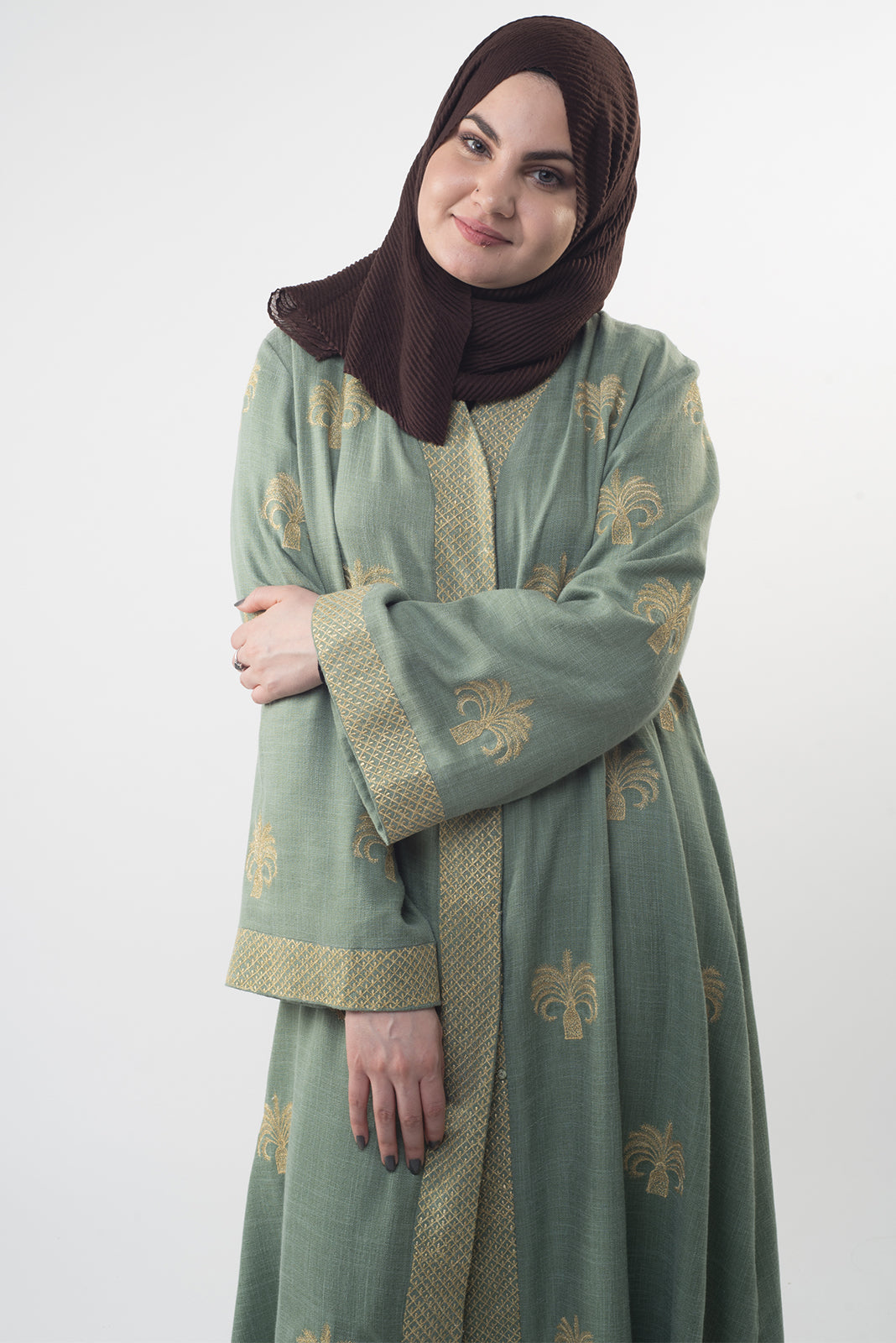 Palm Tree Gold Embroidered Mint Green Abaya