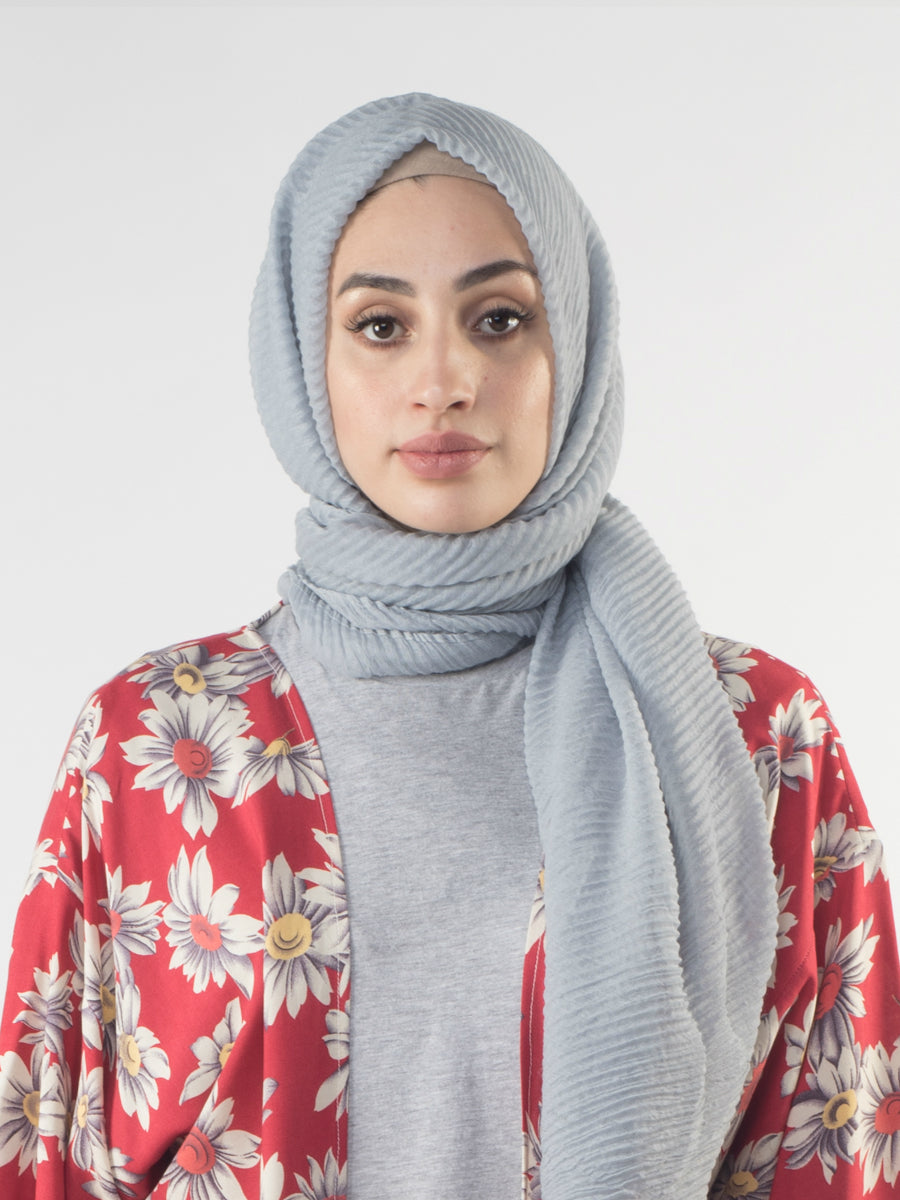 Basic Pleated Ripple Stripe Crinkle Hijab Pearl Grey