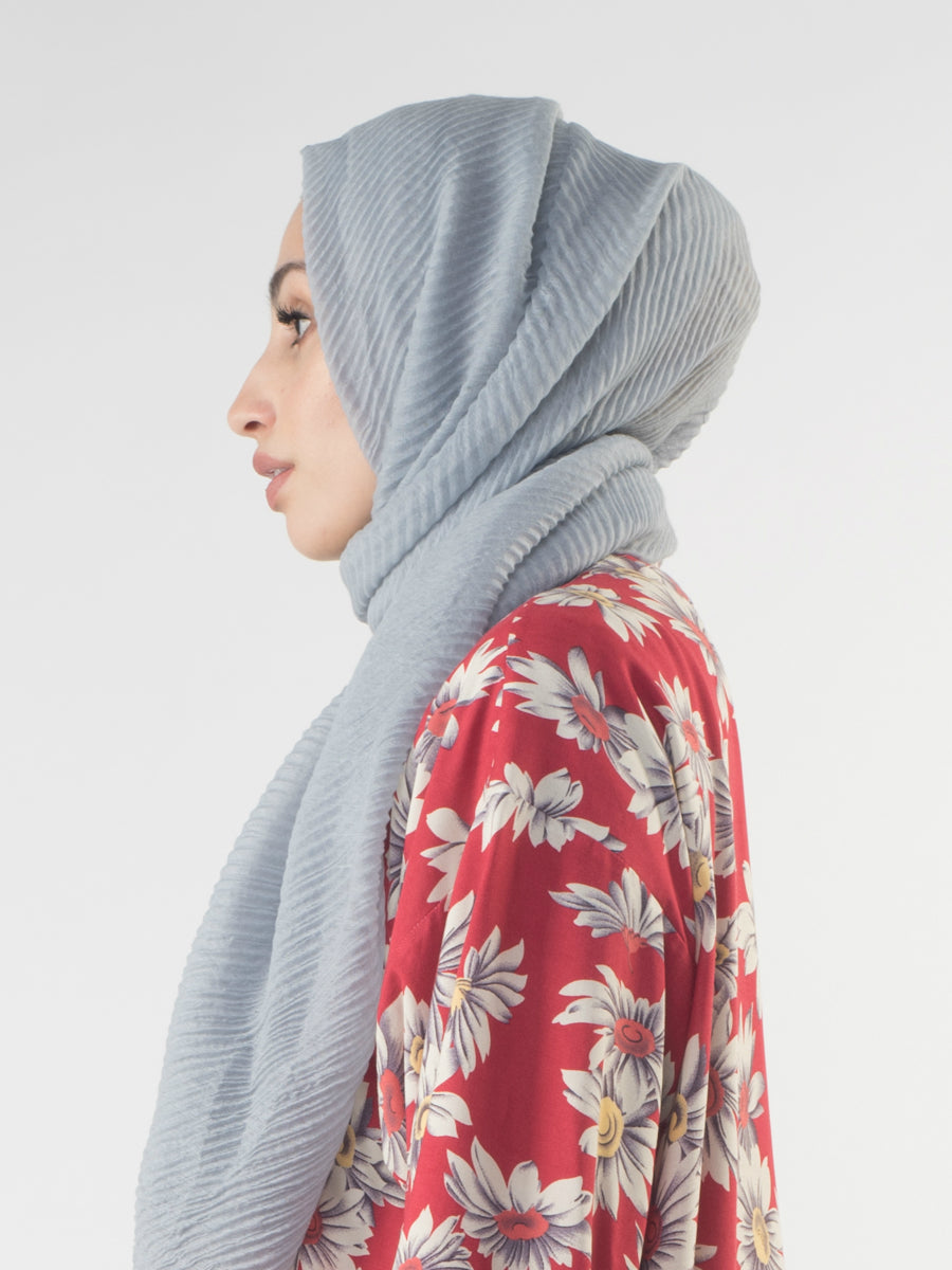 Basic Pleated Ripple Stripe Crinkle Hijab Pearl Grey