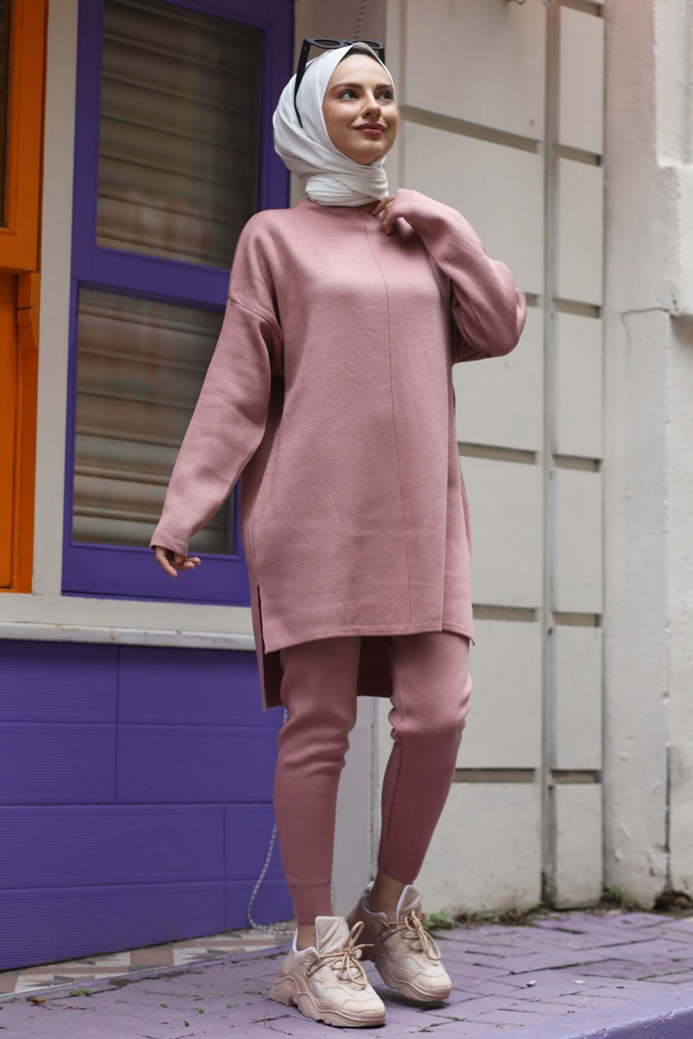 Modest Loungewear - Tight Joggers with Loose Sweatshirt - Pink
