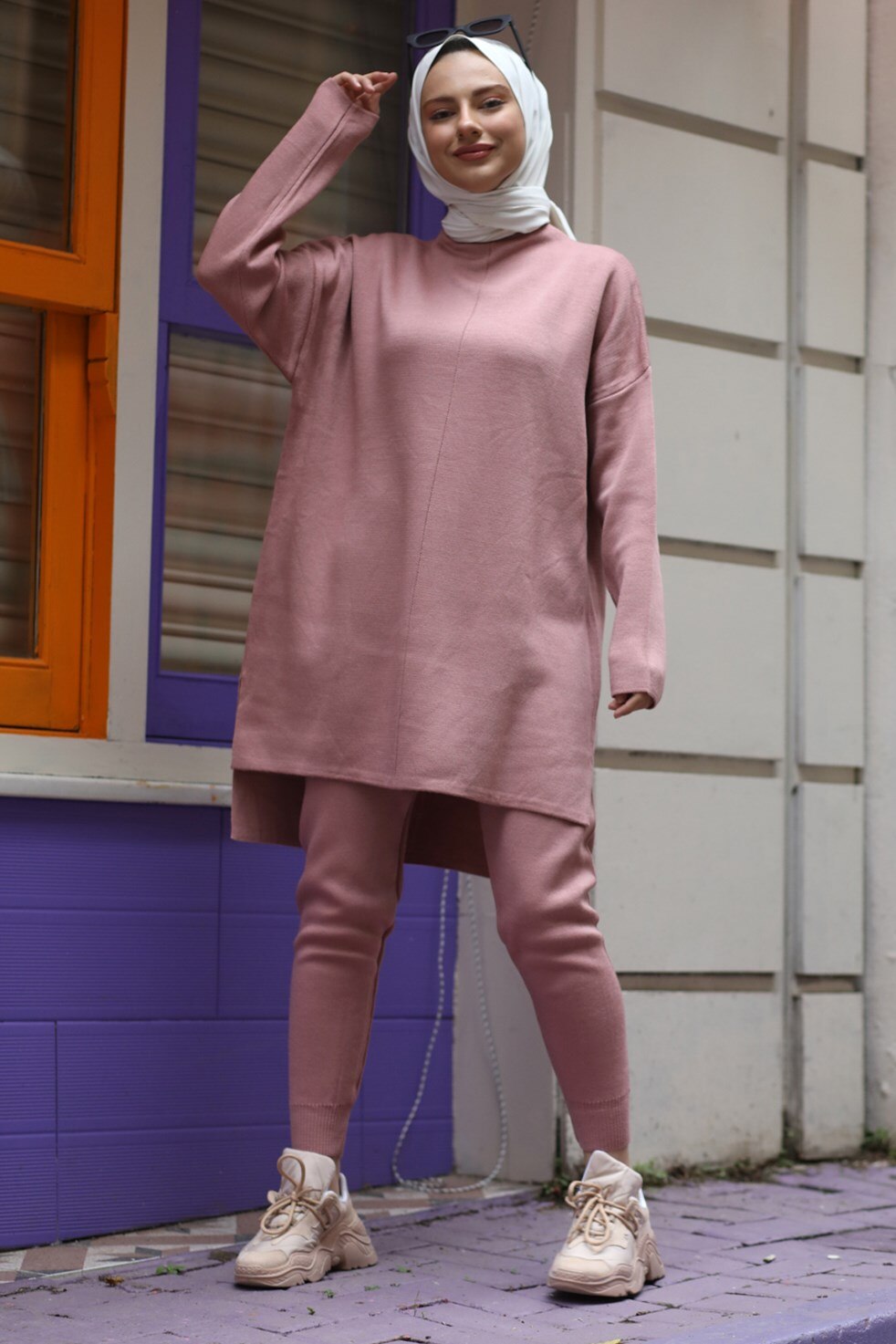 Modest Loungewear - Tight Joggers with Loose Sweatshirt - Pink