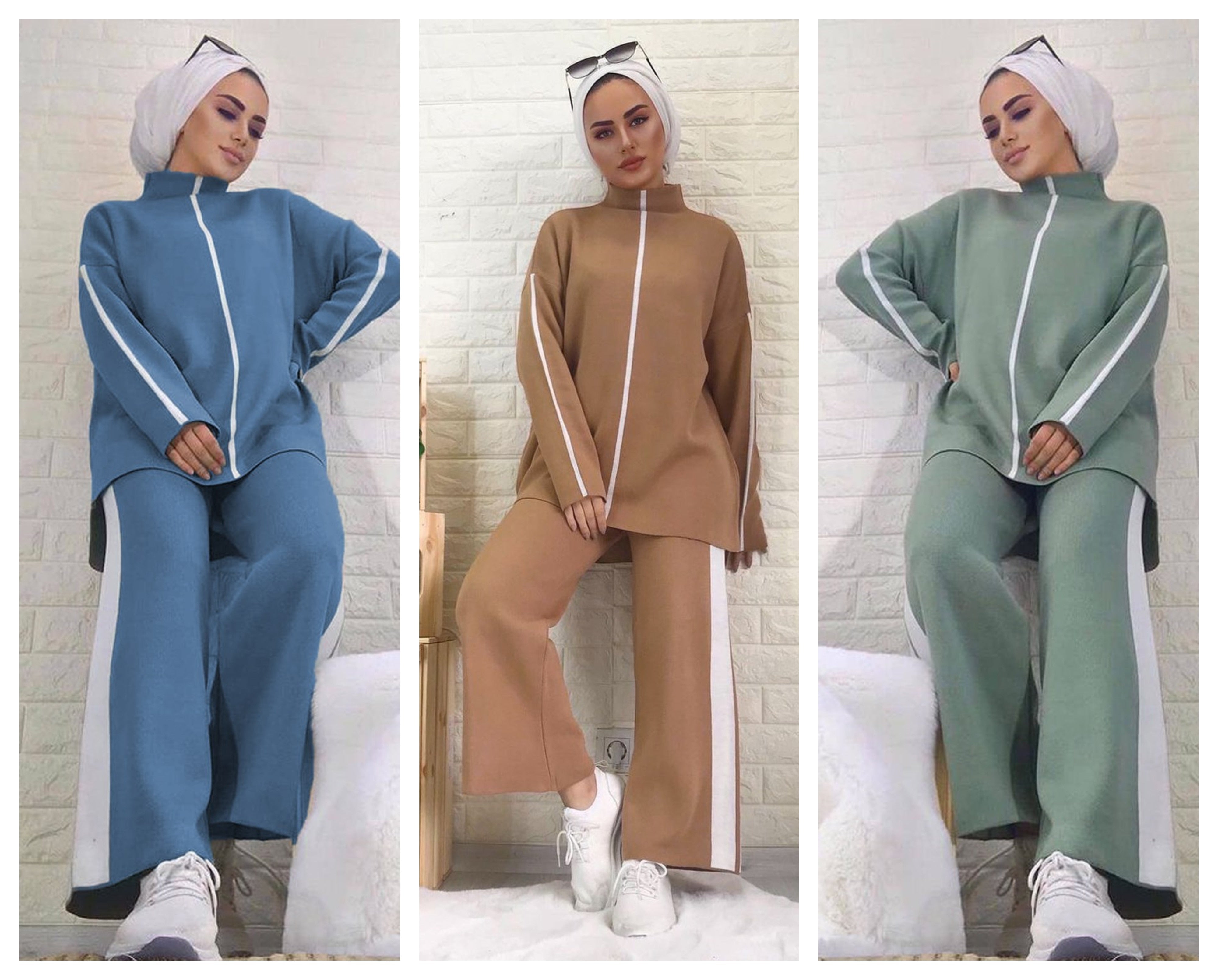 Sweatpants and Pullover with Stripe Detailing - Almond Green