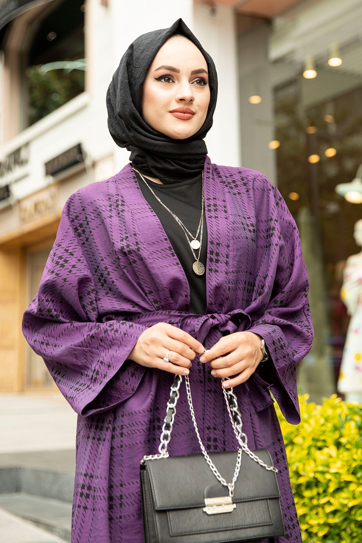 Square Patterned Kimono - Purple