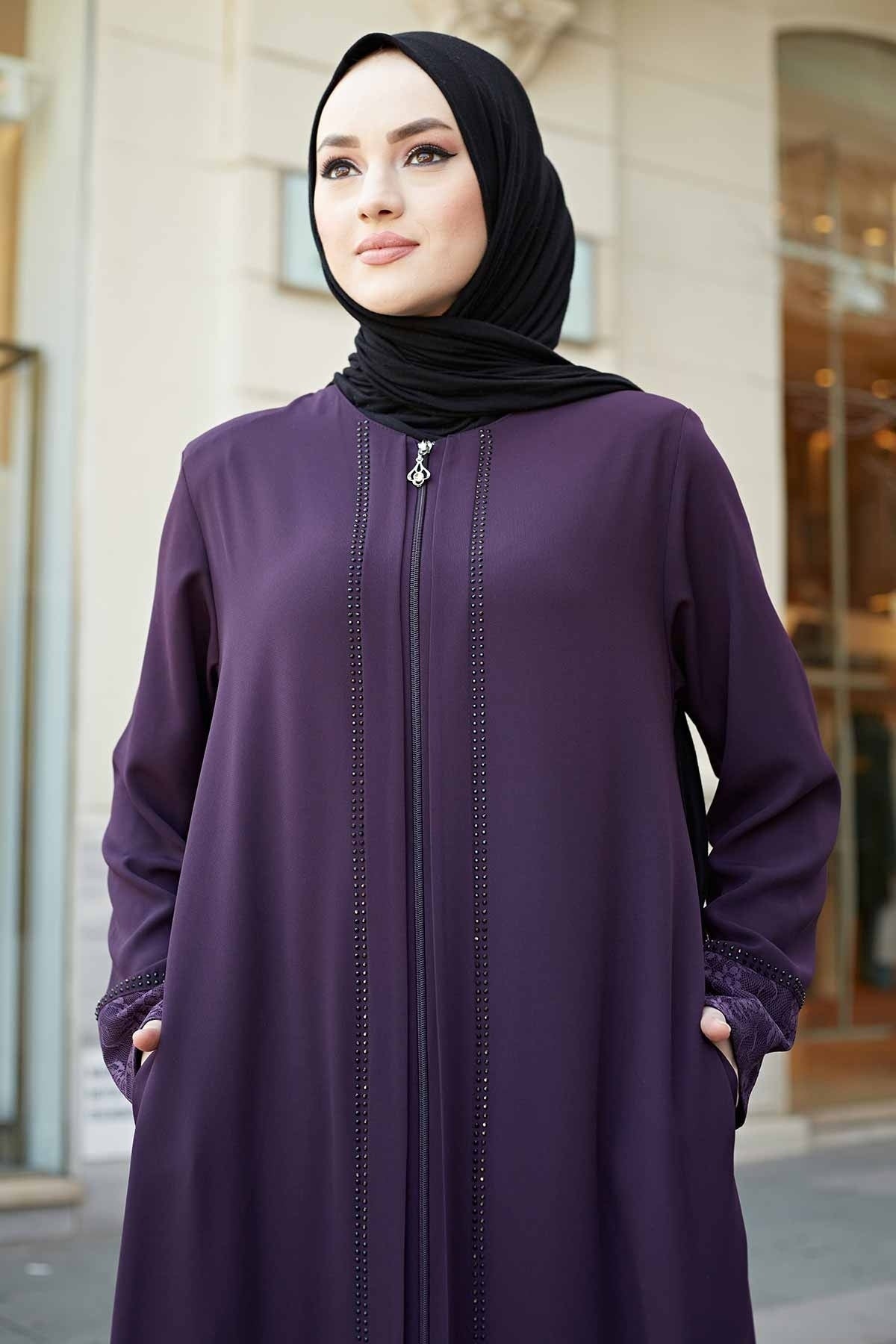 Lace Detailed Abaya - Purple