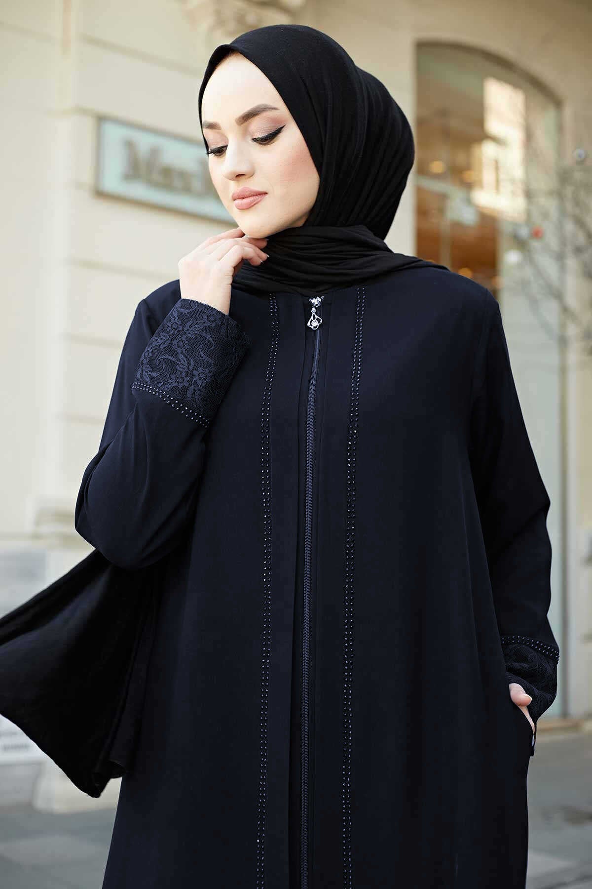 Lace Detailed Abaya - Blue