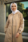 Striped Hooded Trench Coat Cream