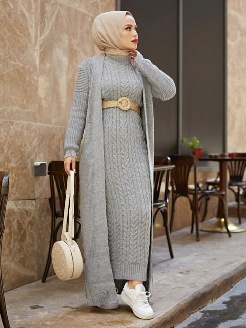 Autumn Winter 2 Piece Knitwear Suit Long Cardigan - Light grey
