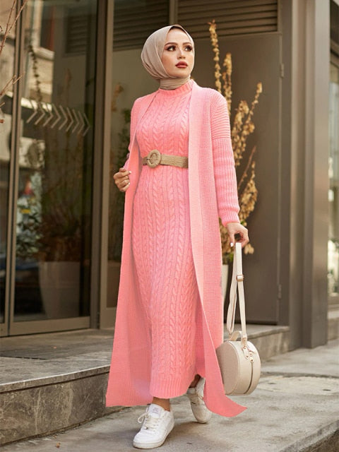 Autumn Winter 2 Piece Knitwear Suit Long Cardigan - Pink
