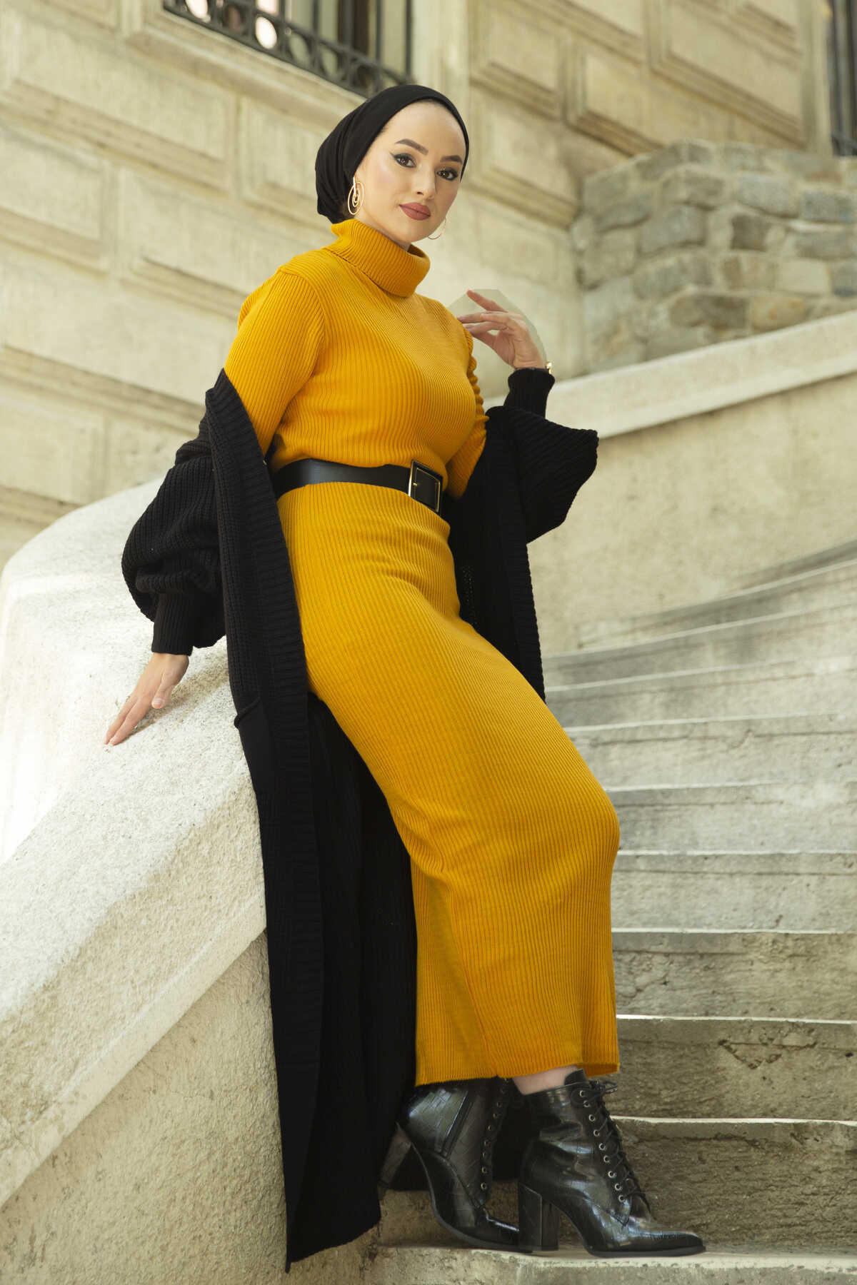 Turtleneck Full length Knitwear Dress - Mustard