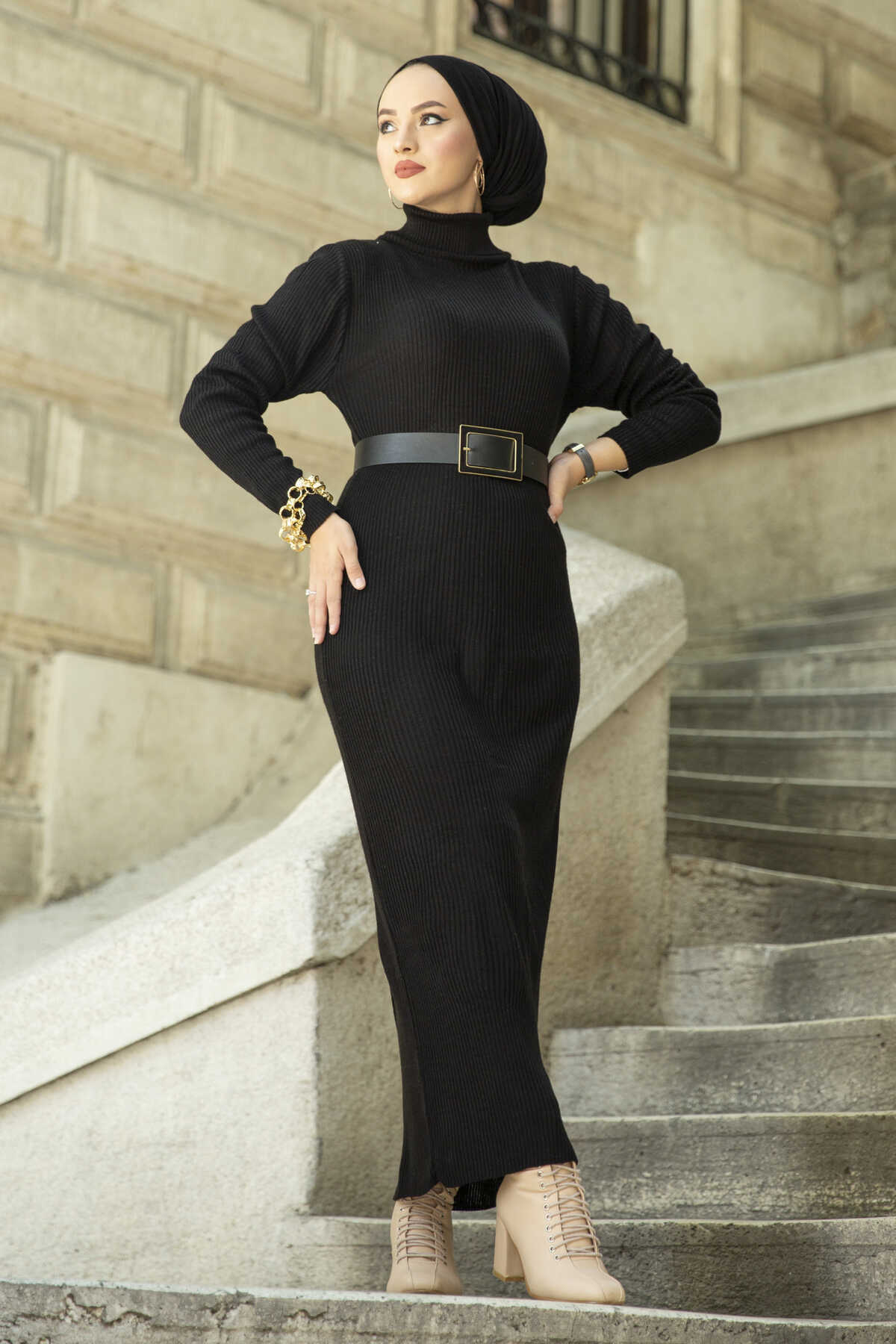Turtleneck Full length Knitwear Dress - Black