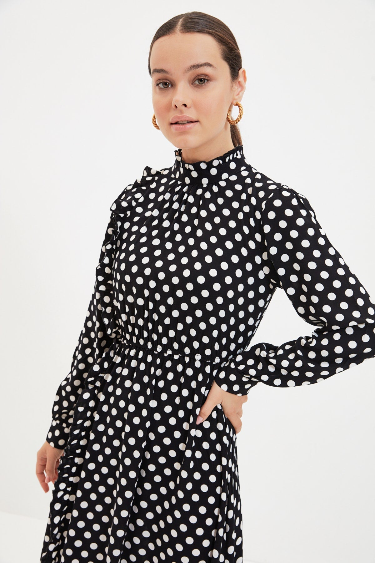 Upright Collar Polka Dot Pattern Dress